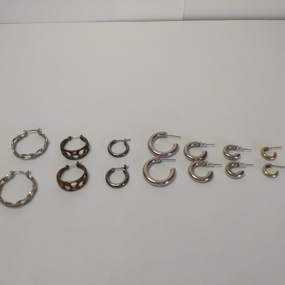 Small Silver Tone Hoop Earrings Lot 7 Variety Style Sizes Modern Minimalist